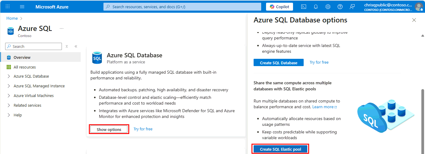 Screenshot from the Azure portal of the Azure SQL hub, showing the Show options button, and the Create SQL Elastic pool button.