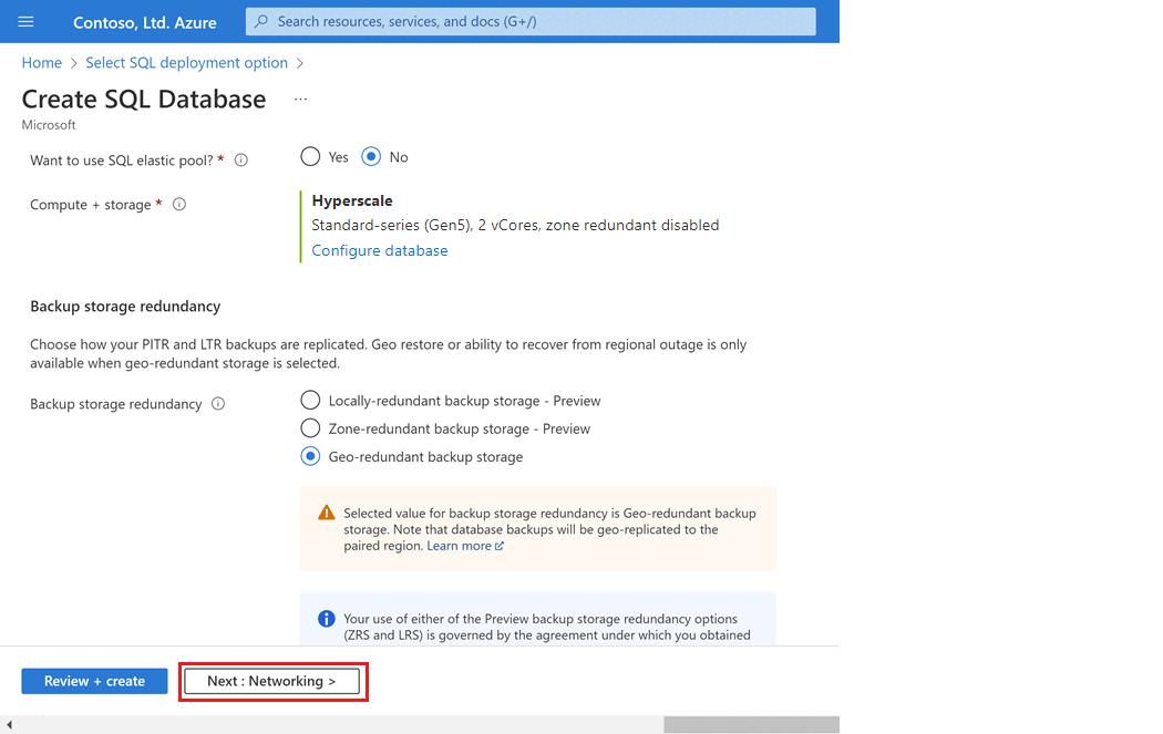 Screenshot of the basics tab in the create database process after the Hyperscale service tier has been selected and configured.