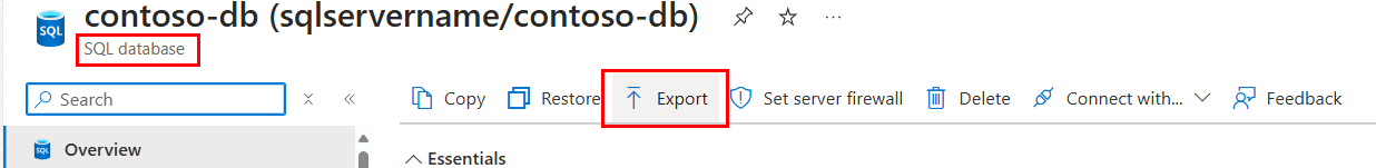 Screenshot from the Azure portal of the Export database button on an Azure SQL database.