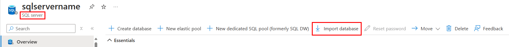 Screenshot from the Azure portal of the Import database button on an Azure SQL server.