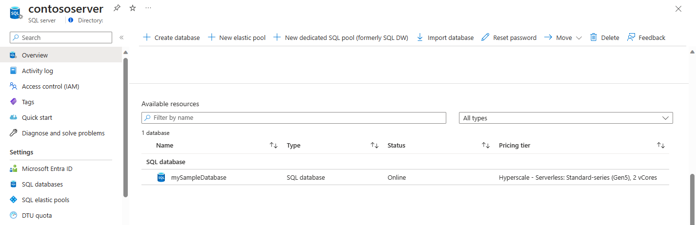 Screenshot of the overview panel of a logical server in Azure SQL Database, databases at the bottom of the panel.