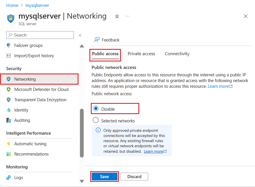 Screenshot that shows how to disable public network access for the private endpoint connection.