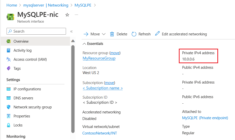 Screenshot that shows the Private IP address for the private endpoint connection.