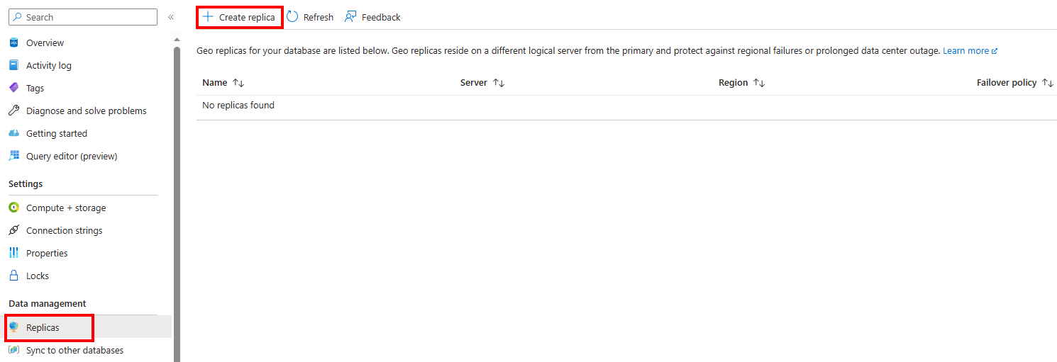 Screenshot of the Azure portal database replica menu.