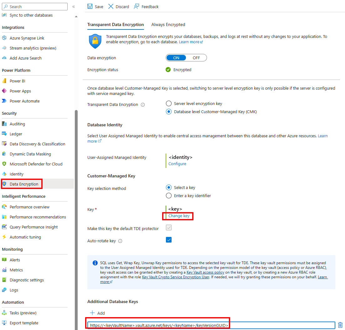 Screenshot of the Azure portal transparent data encryption menu for a database.