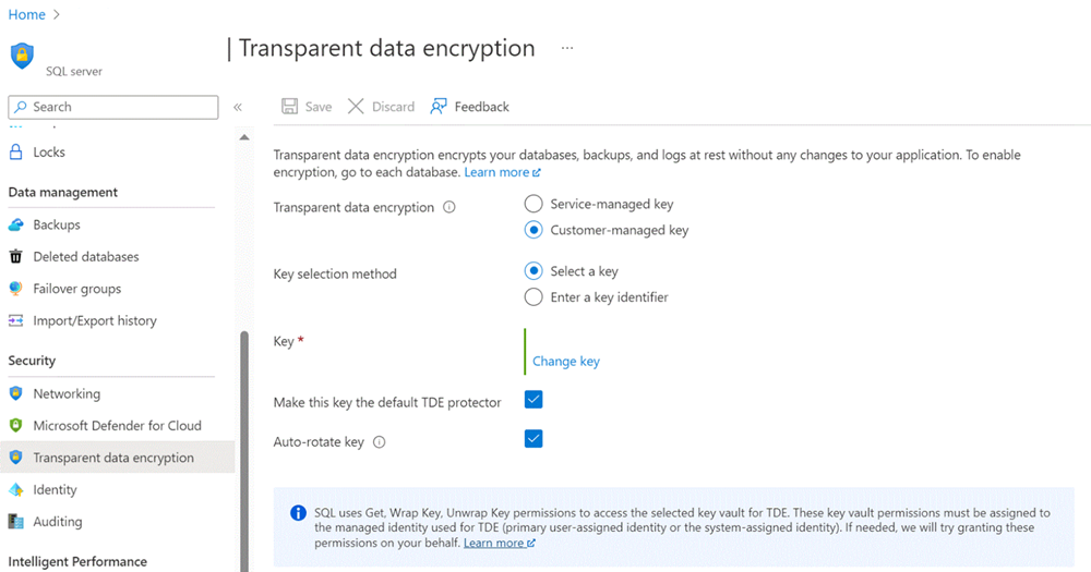 Screenshot of auto rotate key configuration for transparent data encryption in a geo-replication scenario on the primary server.