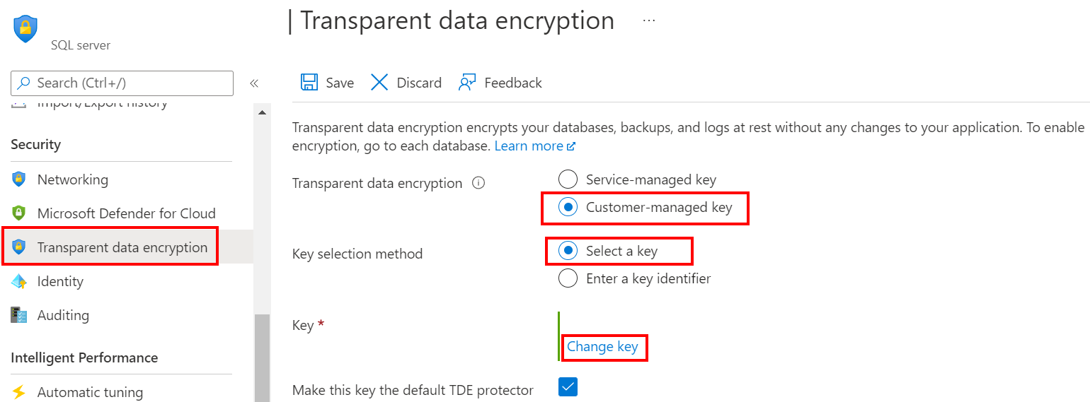 Screenshot of manually rotate key configuration for Transparent data encryption.