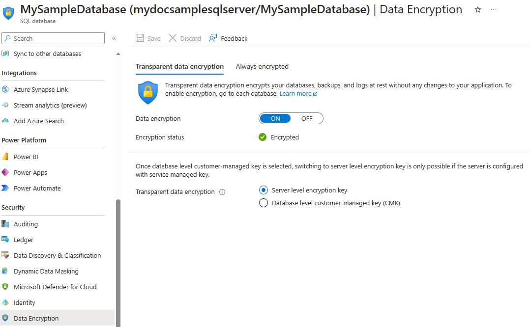 Screenshot of the data encryption menu in the Azure portal for a database.