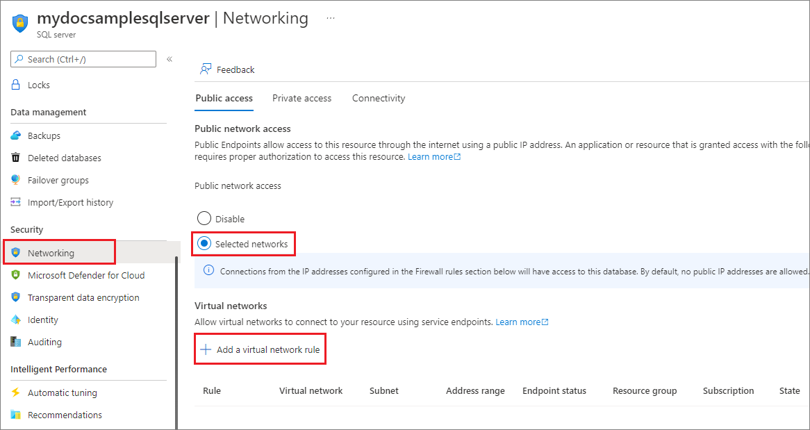 Screenshot that shows logical server properties for Networking.