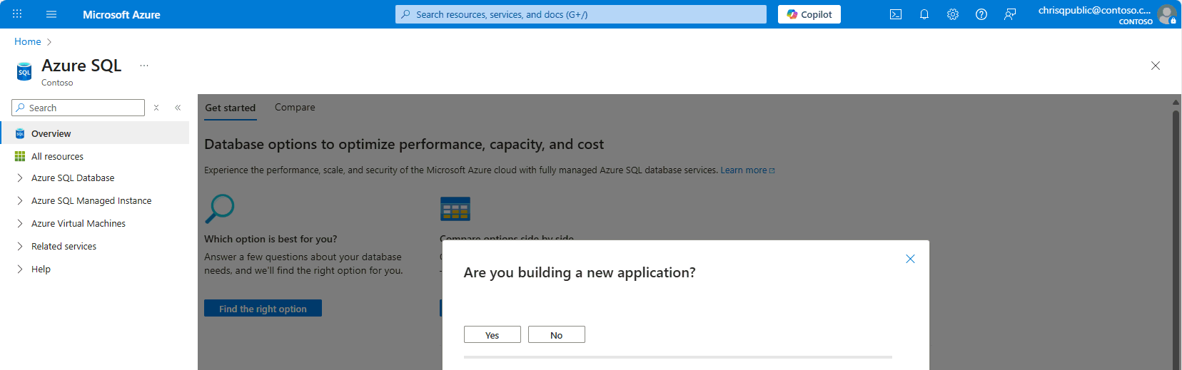 Screenshot from the Azure portal of the Find the right option wizard.