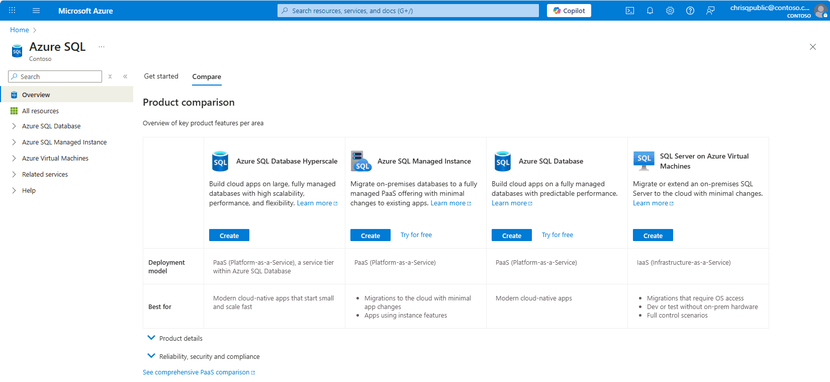 Screenshot from the Azure portal Azure SQL product comparison page.