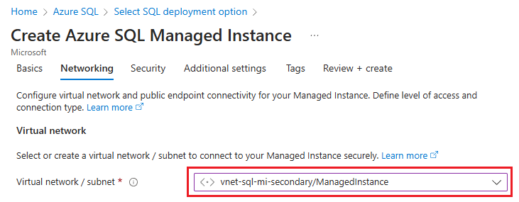 Screenshot highlighting the network you created to use with your secondary instance in the Azure portal.