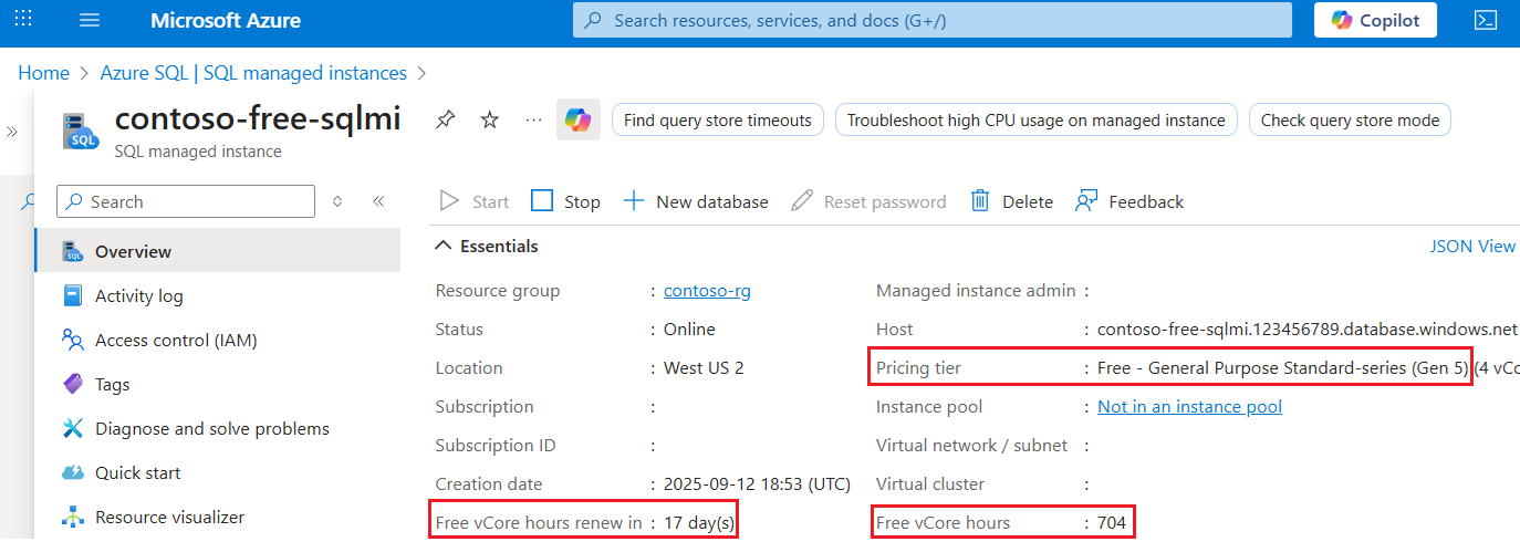 Screenshot showing the remaining vCore hours for a free instance in the Azure portal.