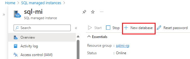 Screenshot of creating a new database in the Azure portal.
