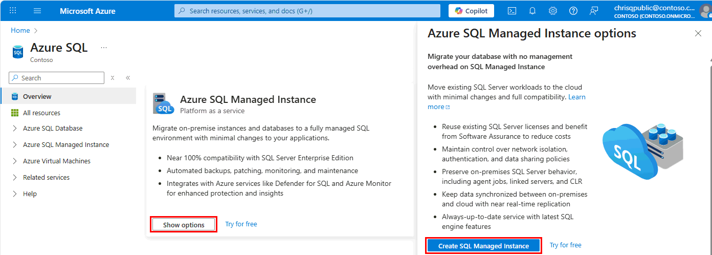 Screenshot from the Azure portal of the Azure SQL hub, showing the Show options button and the Create SQL Managed Instance button.