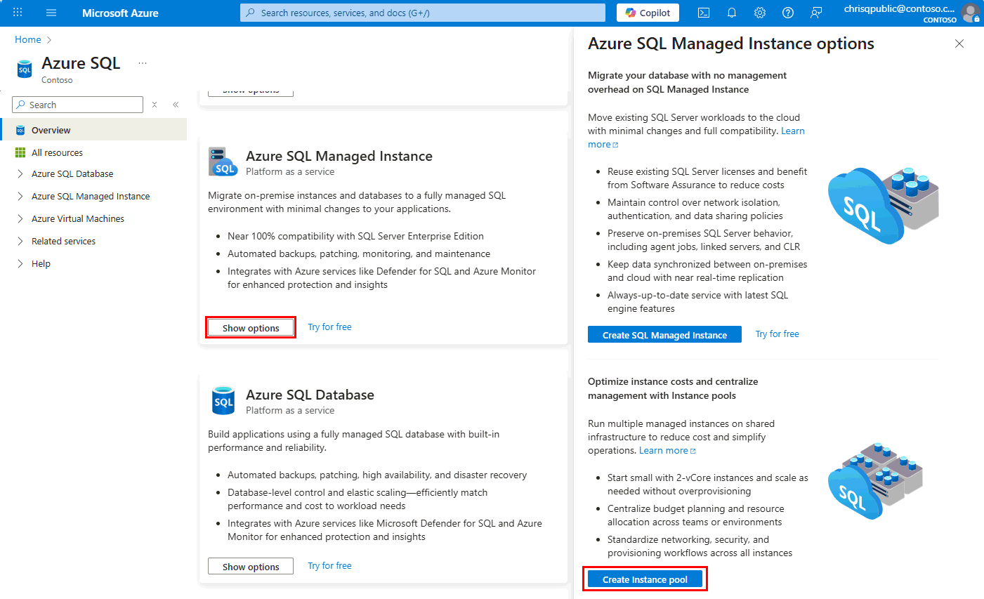 Screenshot from the Azure portal of the Azure SQL hub, showing the Show options button under Azure SQL Managed Instance and the Create Instance pool button.