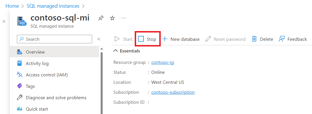 Screenshot of the SQL managed instance 'Overview' page in the Azure portal, with the 'Stop' button highlighted.