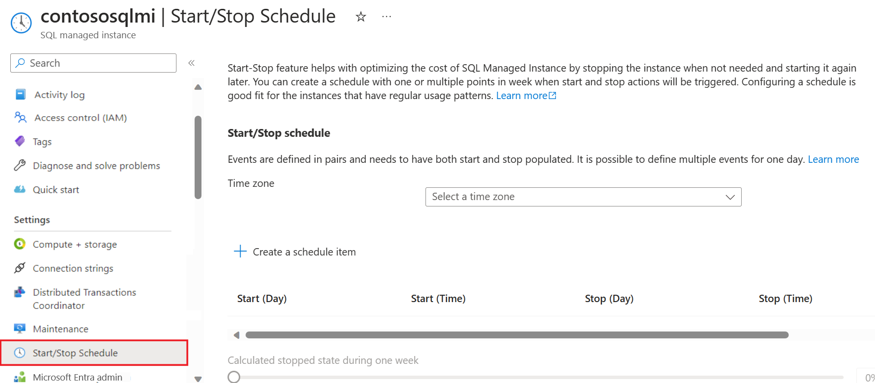 Screenshot of the 'Start/Stop schedule' page of the SQL managed instance.