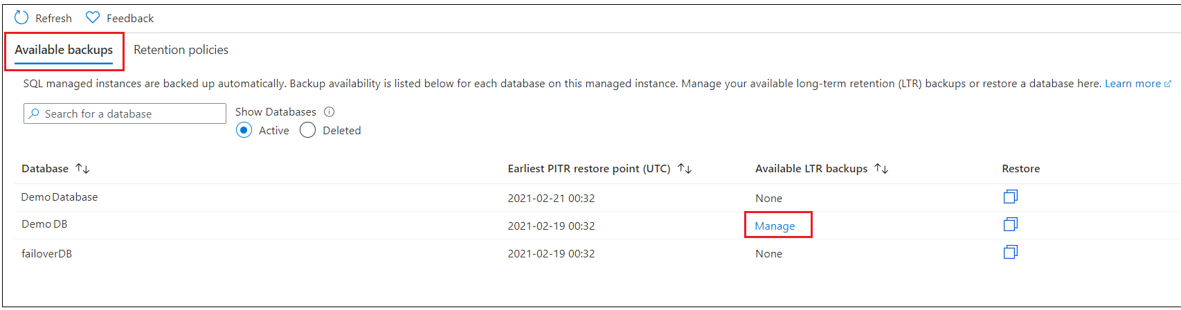 A screenshot from the Azure portal showing the option to select a database.