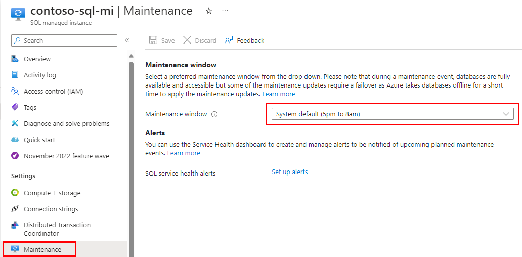 Screenshot of the SQL managed instance Maintenance page.