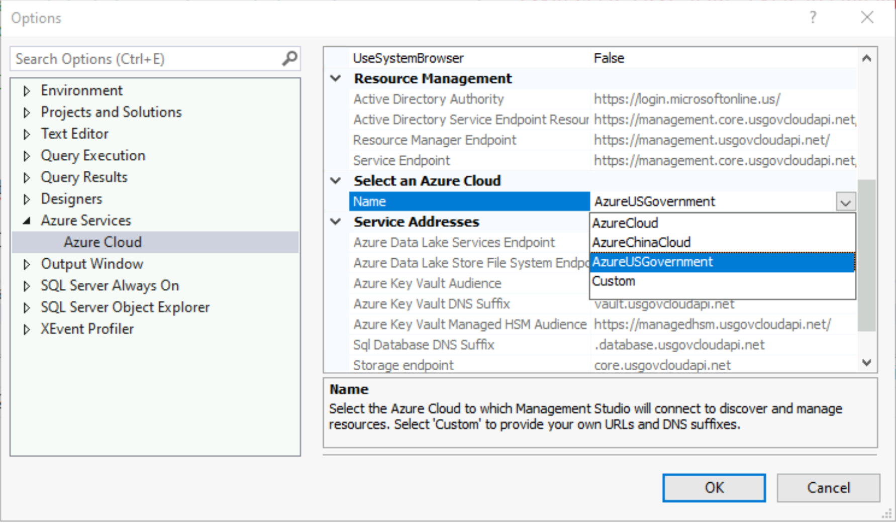 Screenshot of SSMS UI, options page, Azure services, with Azure cloud highlighted.