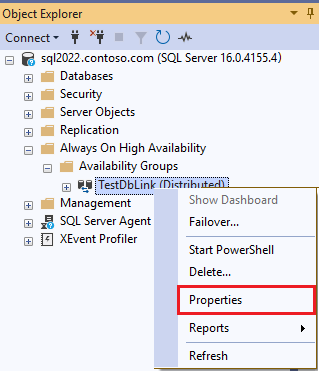 Screenshot of the right-click menu on a link in SSMS, with properties highlighted.