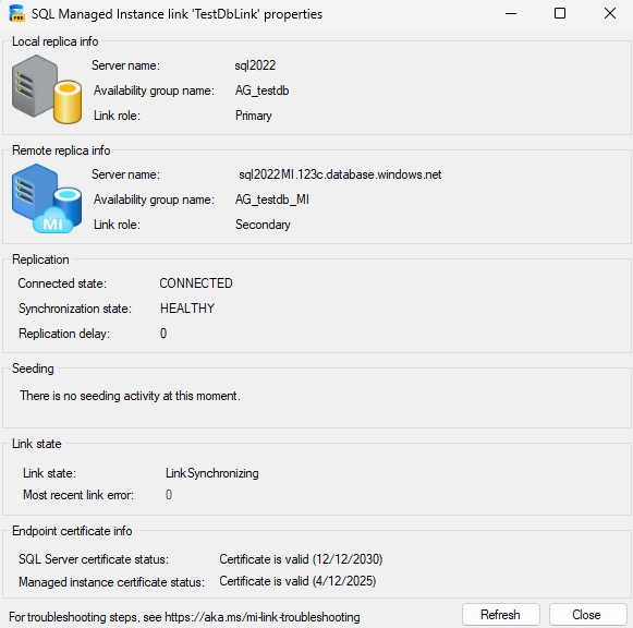Screenshot of the link properties window in SSMS.