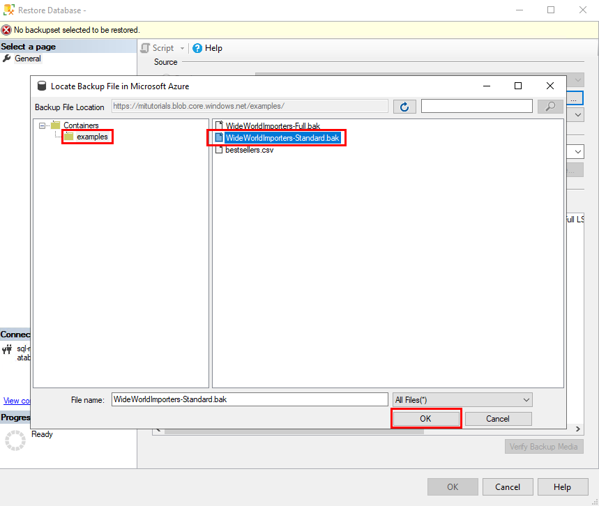 Screenshot of the Locate Backup File in Microsoft Azure dialog. The WideWorldImporters-Standard.bak backup file is selected, and the OK button is boxed in red.