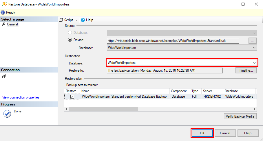 Screenshot of a page in the **Restore** wizard. In the Destination section, the Database box is called out. The OK button is also called out.