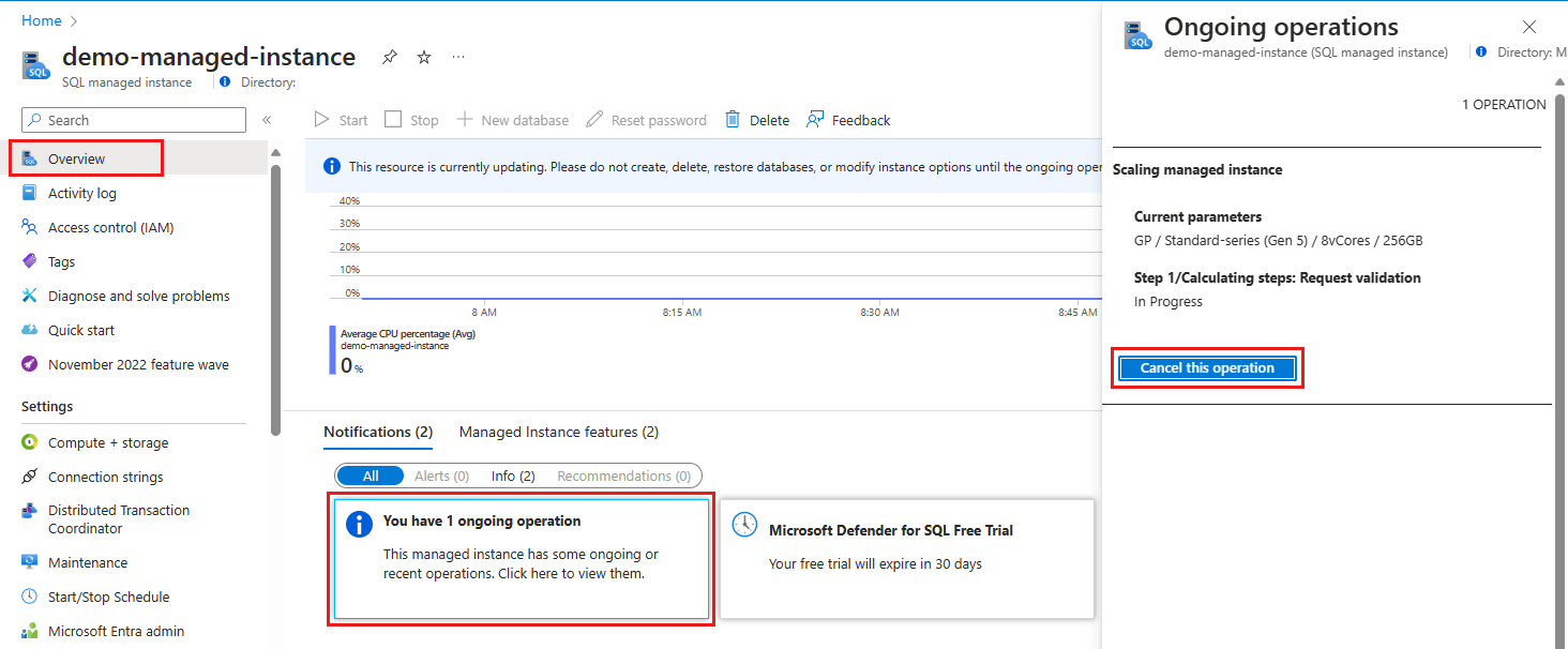 Screenshot shows the Overview page where you can monitor the move operation and cancel it.