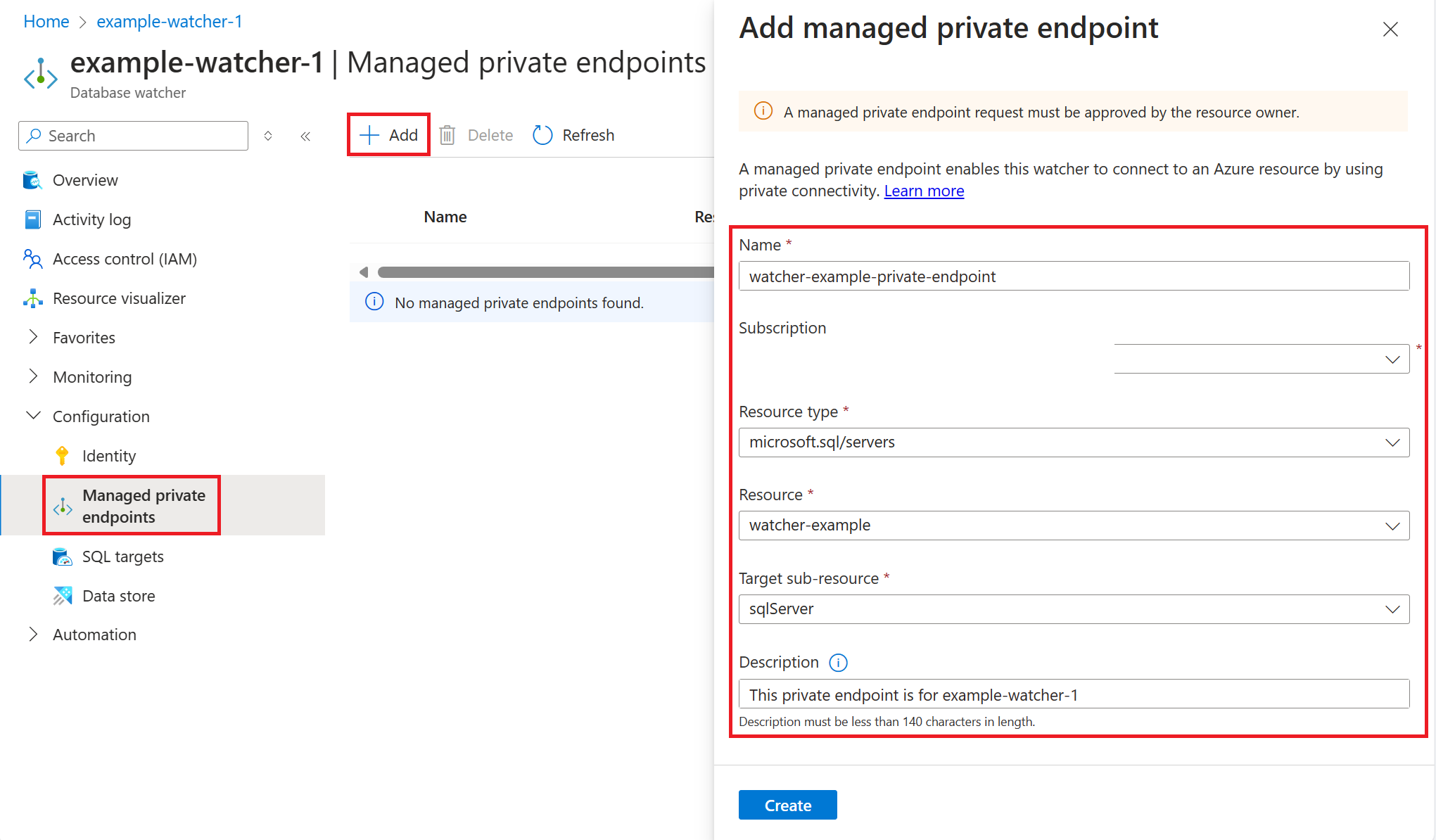 Screenshot of the managed private endpoints page of a watcher, showing a ready-to-be-created private endpoint for an Azure SQL logical server.