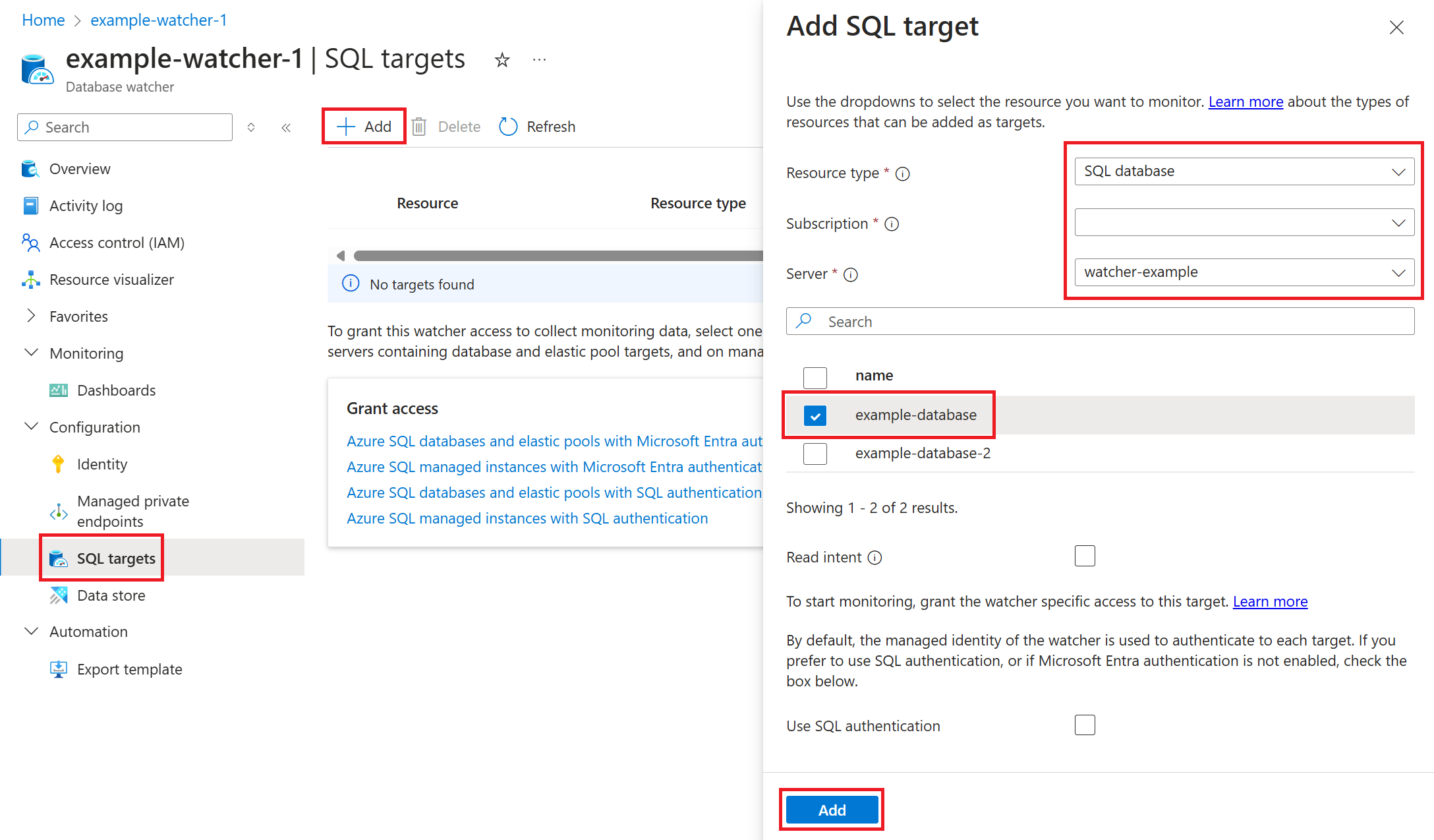 Screenshot of the add target page of a watcher, showing an Azure SQL database ready to be added as a target.