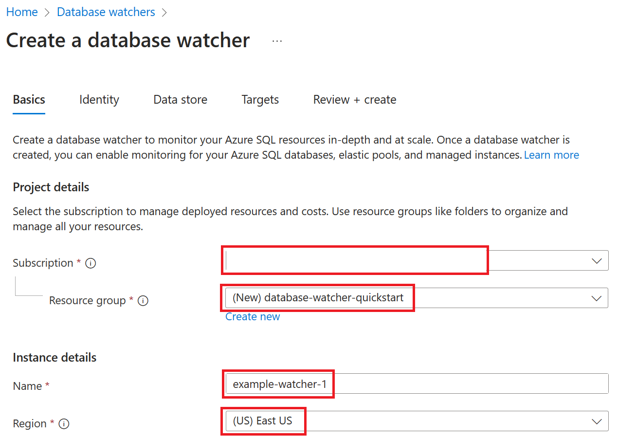 Screenshot of the Basics page for a new database watcher being created, with the subscription, resource group, watcher name, and watcher region filled in.