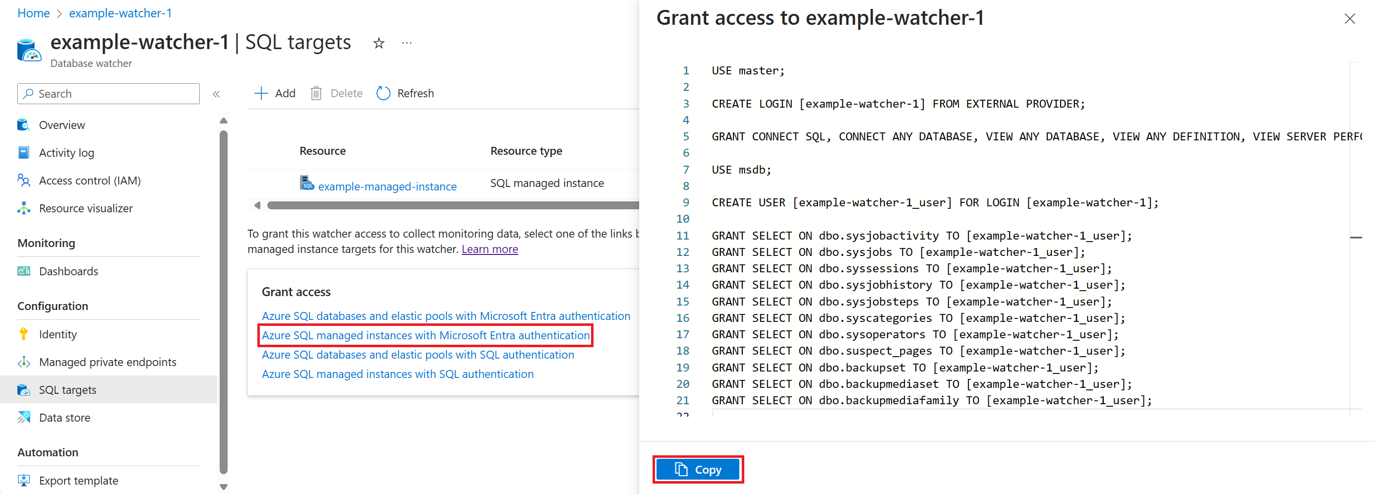 Screenshot of the targets page of a watcher, showing the T-SQL script that grants access to a watcher on a SQL managed instance, and a button that copies it to the clipboard.