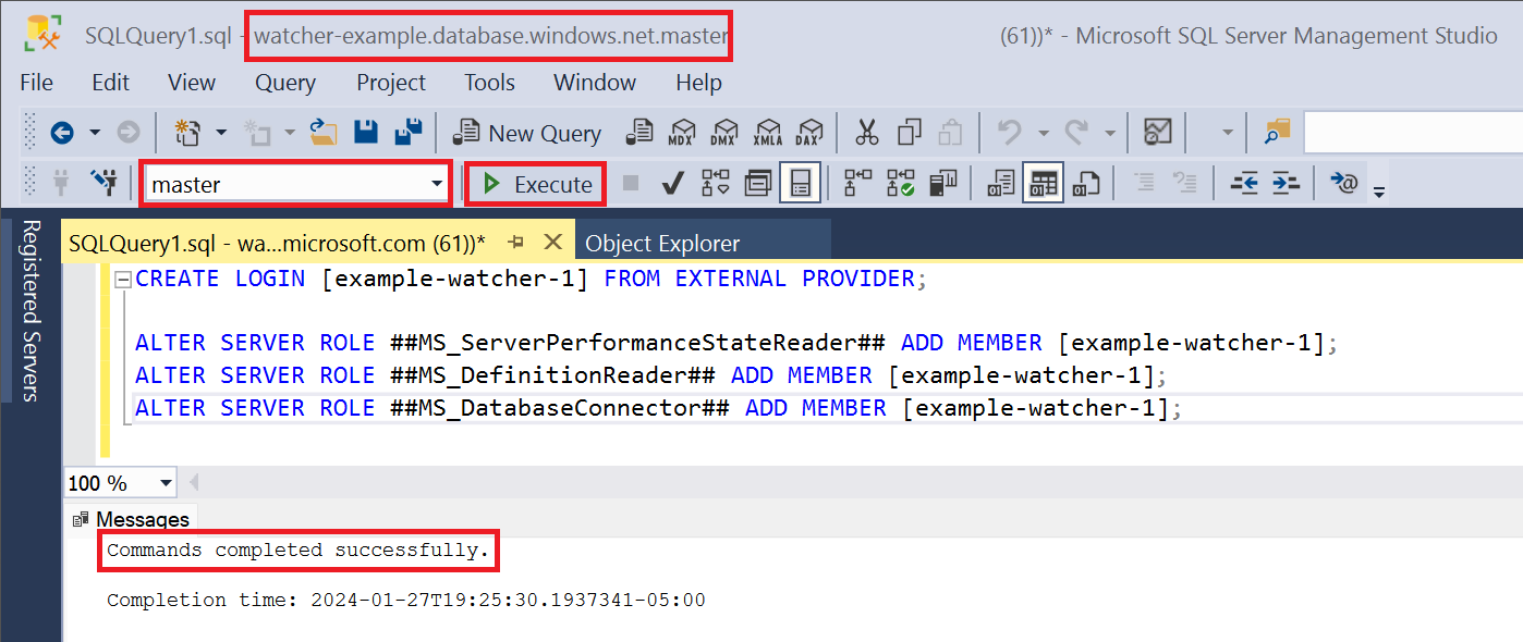 Screenshot of a SQL Server Management Studio query window that is connected to the master database on an Azure SQL logical server, showing a successfully executed T-SQL script that grants access to a watcher.