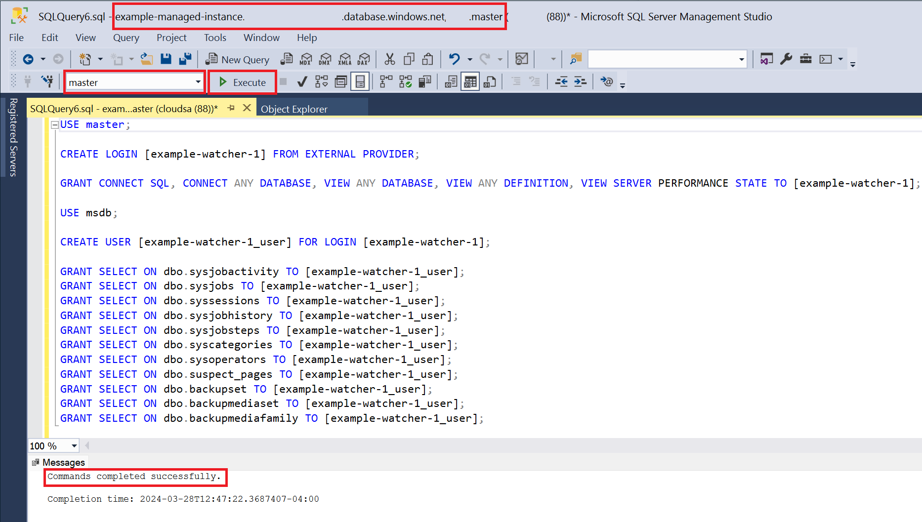 Screenshot of a SQL Server Management Studio query window that is connected to the master database on an Azure SQL managed instance, showing a successfully executed T-SQL script that grants access to a watcher.