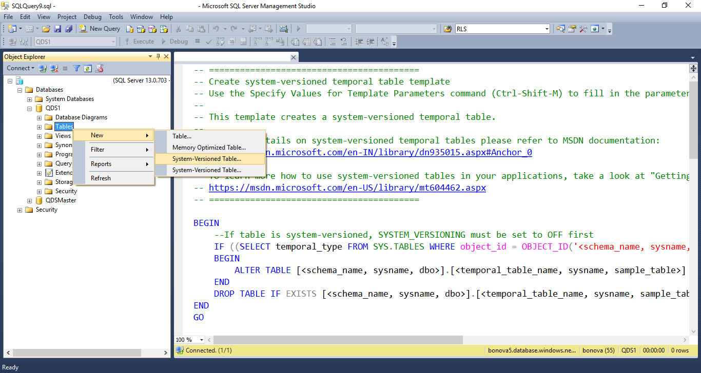 Screenshot from SSMS of the New System Versioned Table option.