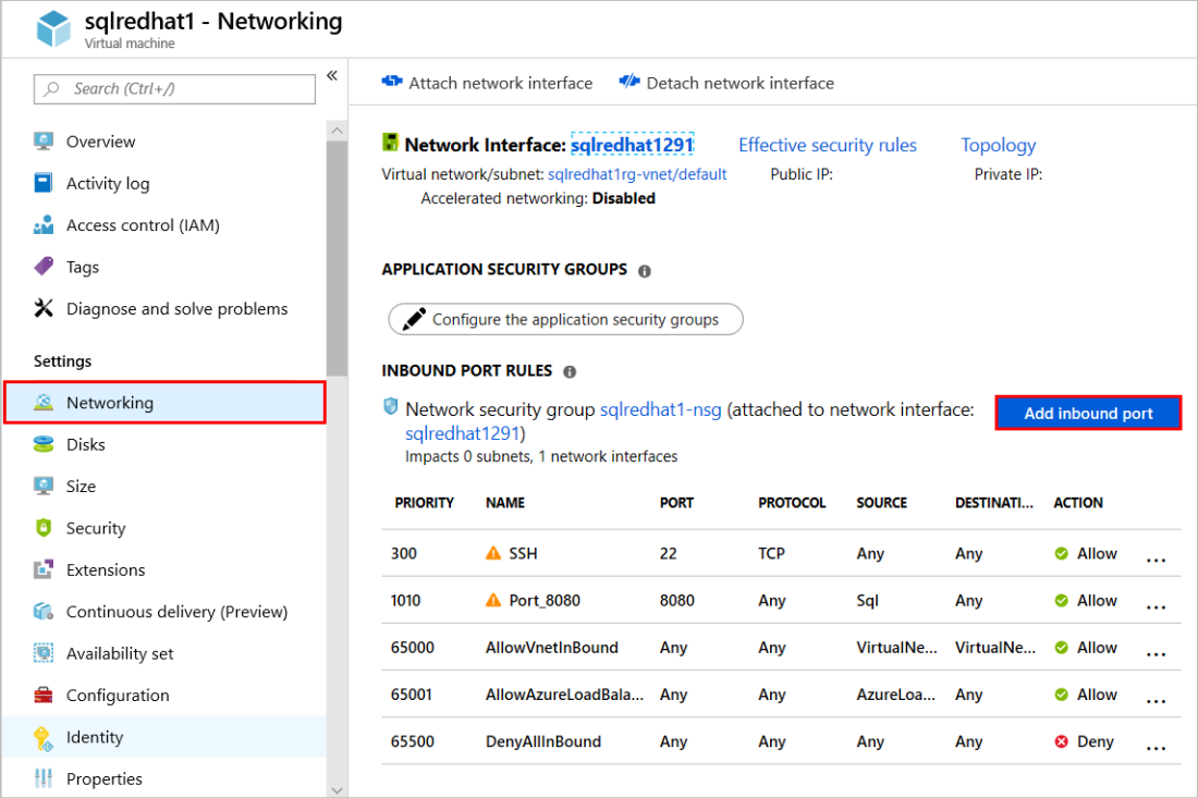 Screenshot of Inbound port rules.