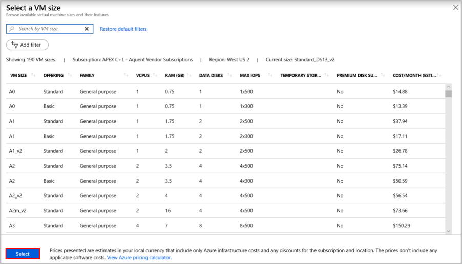 Screenshot of choosing a VM size.
