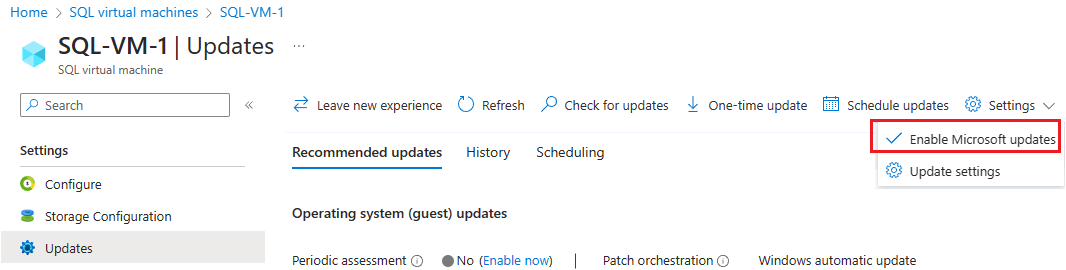 Screenshot of the Updates page of the SQL virtual machines resource in the Azure portal with Enable Microsoft Update highlighted.