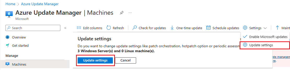 Screenshot of the Azure Update Manager center page with update settings highlighted in the Azure portal.
