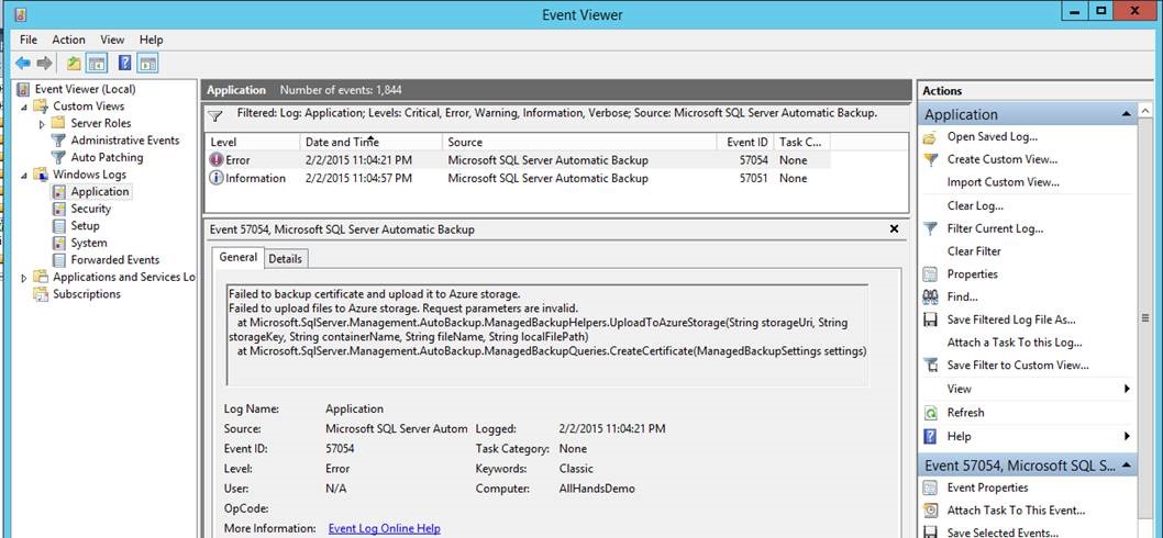 Screenshot of the error message for a failed encryption certificate shown in the event log.
