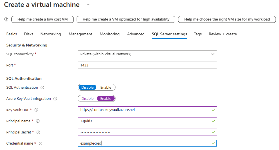 Screenshot of creating a SQL Server on Azure VM with Azure Key Vault Integration in the Azure portal.