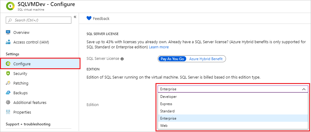 Screenshot of the SQL VM resource in the Azure portal with Configure and Edition selected.