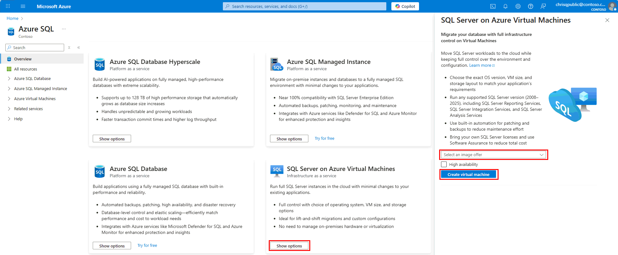 Screenshot from the Azure portal of the Azure SQL hub, showing the Show options button and the Create virtual machine button.