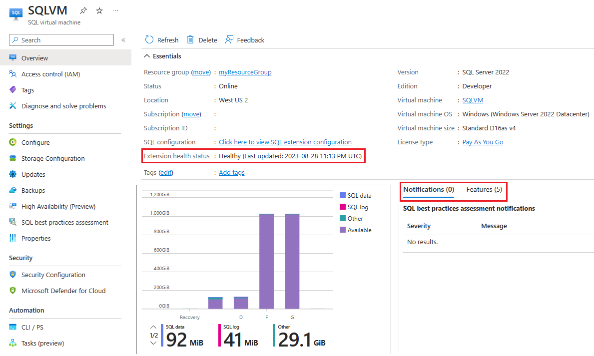 Screenshot of the Azure portal, the overview pane of the SQL virtual machines resource.