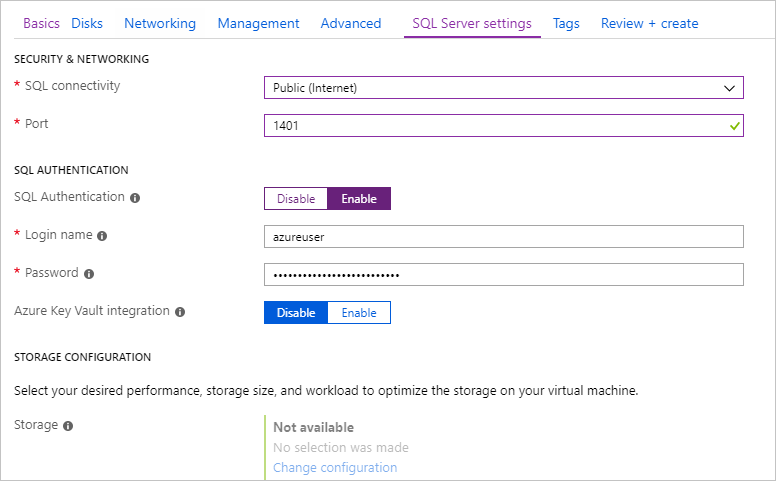 Screenshot showing the SQL Server security settings section when creating your SQL VM in the Azure portal.