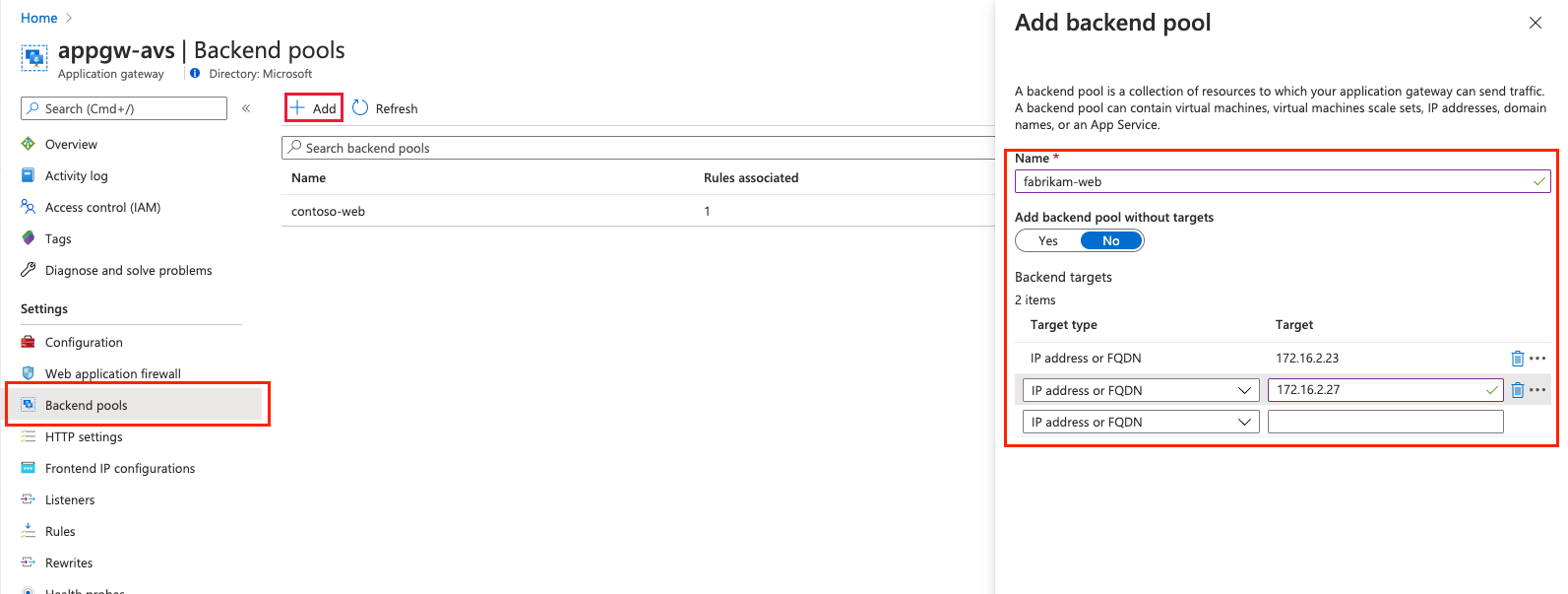 Screenshot of Backend pools page for adding backend pools.