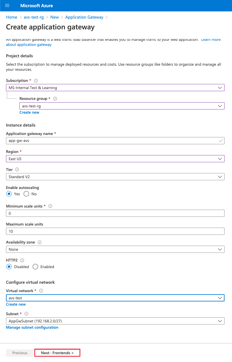 Screenshot showing Create application gateway page in Azure portal.