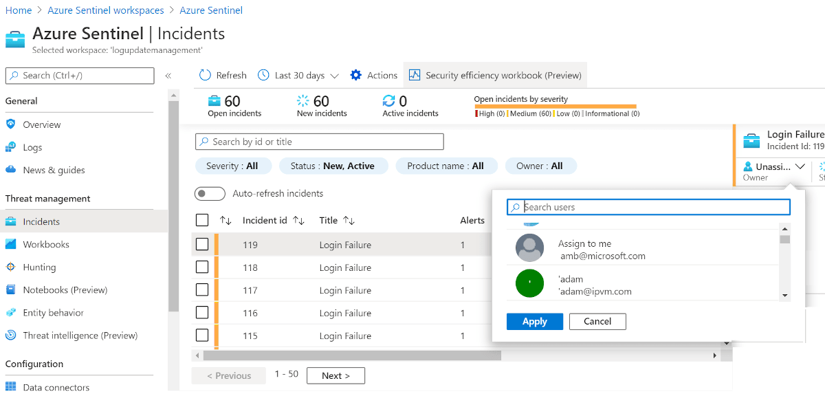 Screenshot of Microsoft Sentinel Incidents page with incident selected and option to assign the incident for resolution.